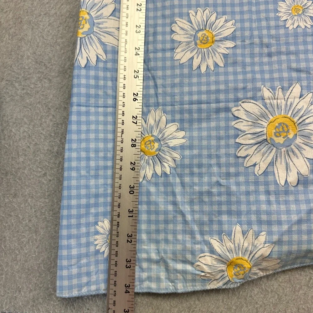 70s Vtg Blue Gingham Daisy Floral Oval Tablecloth Flannel Backed 50x68